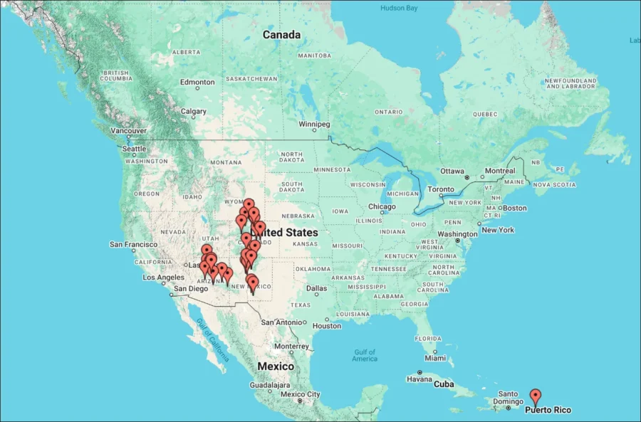Albert's Squirrel Locations on Map North America
