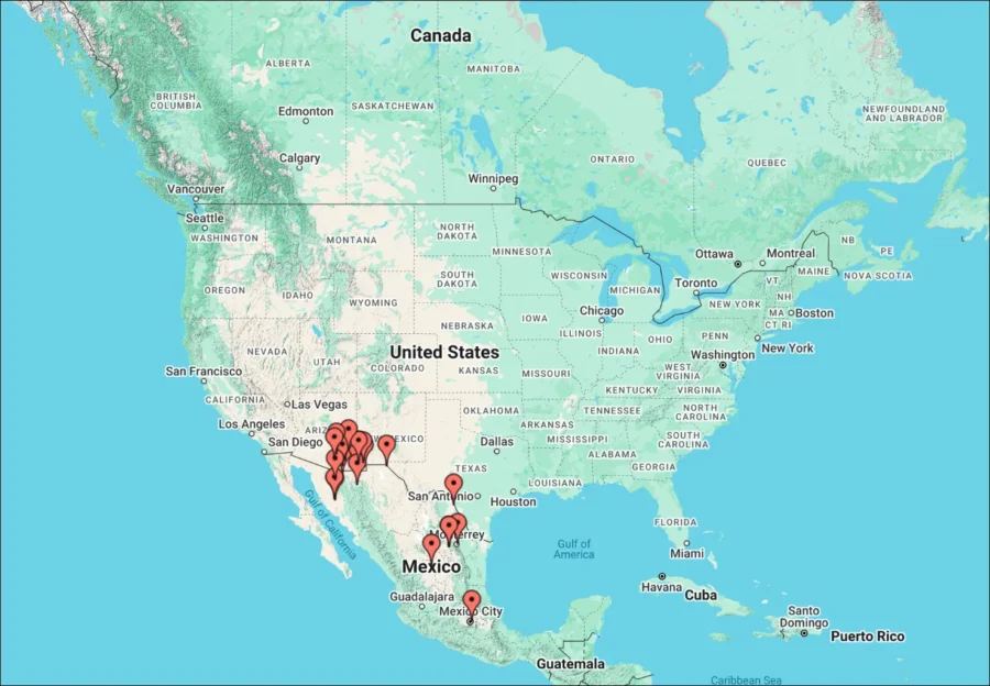 Mexican Fox Squirrel Map location North America
