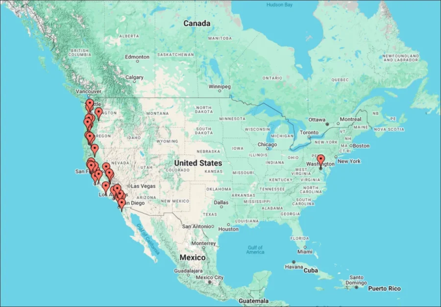 Locations of Fox Squirrel in North America