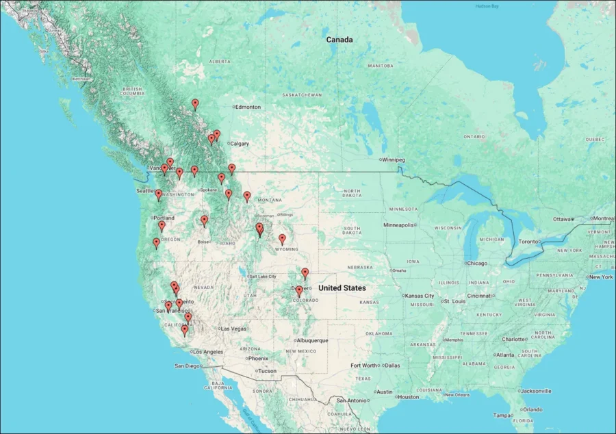 Yellow-Pine Chipmunk Locations in Northern America US